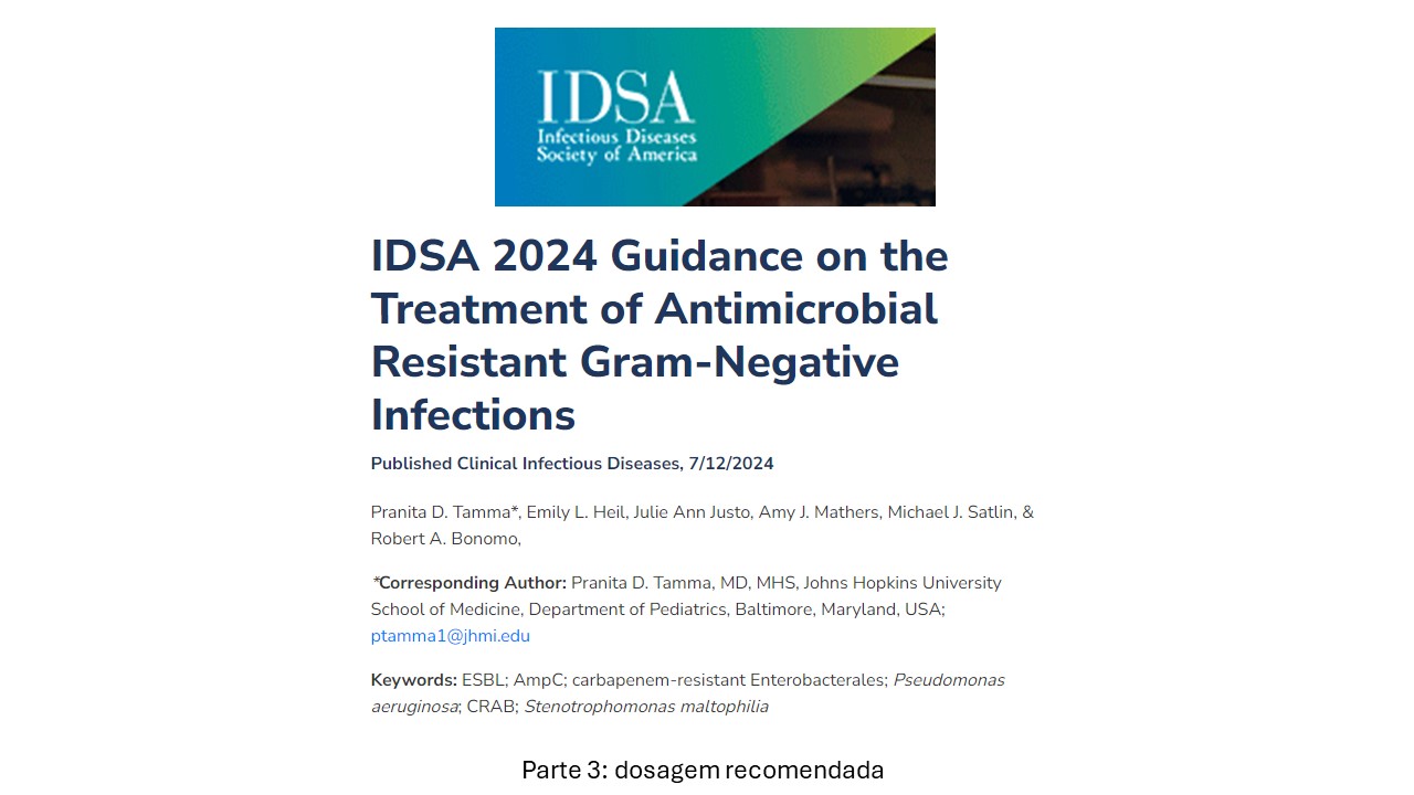 IDSA 2024 - Dosagem recomendada de antibióticos para o tratamento de infecções resistentes a antimicrobianos em adultos com função renal e hepática normais